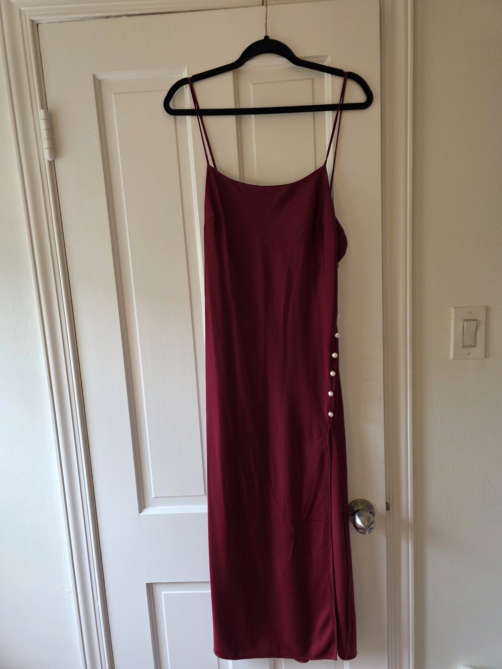 Camila Coelho Burgundy Midi Slip Dress with Side Pearl Buttons